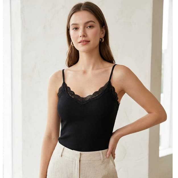 Regata Feminina Canelada com Renda Alça Fina Básica Casual Moda Verão Confortável