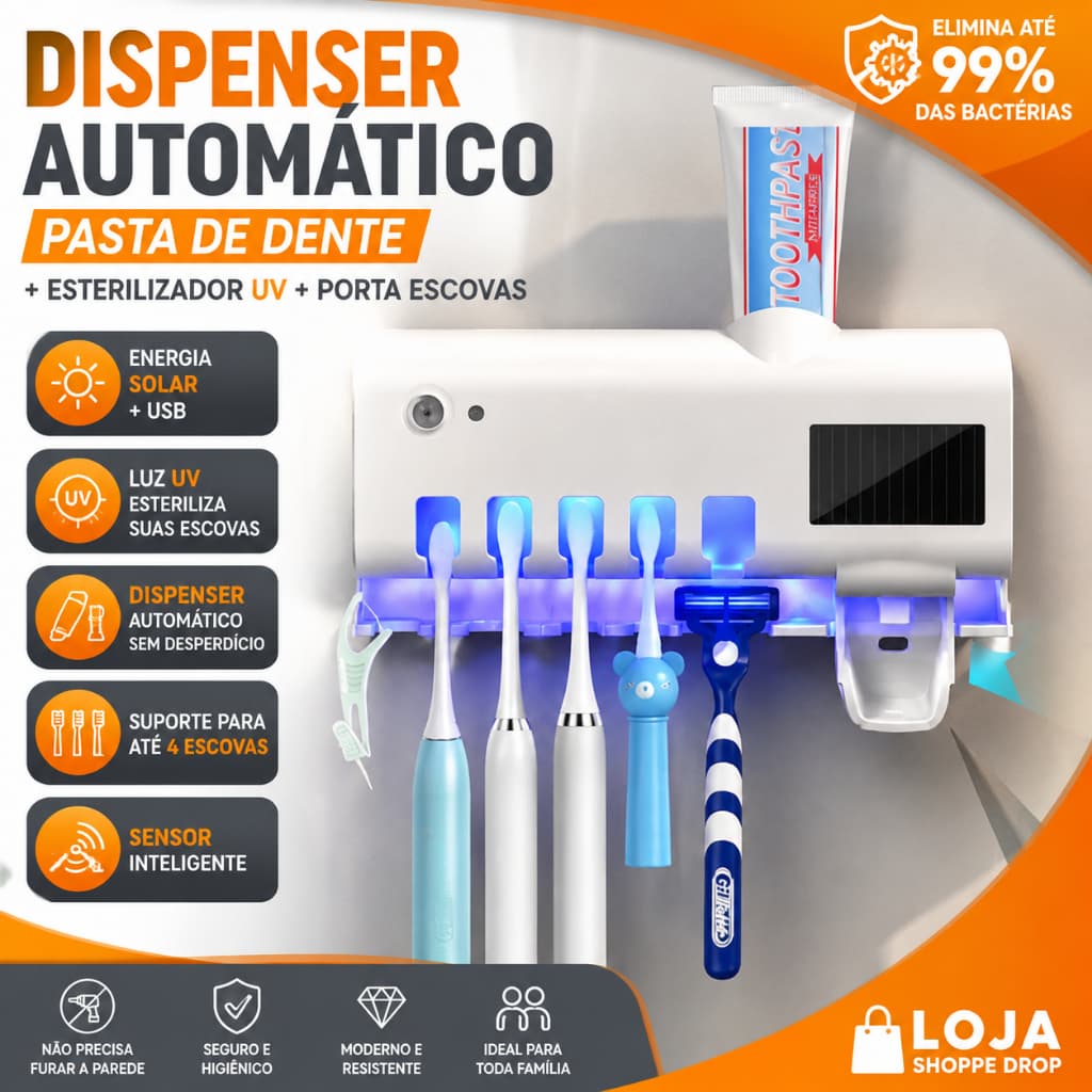 Esterilizador UV Dispensador Automático de Pasta de Dente e Escova Organizador Banheiro