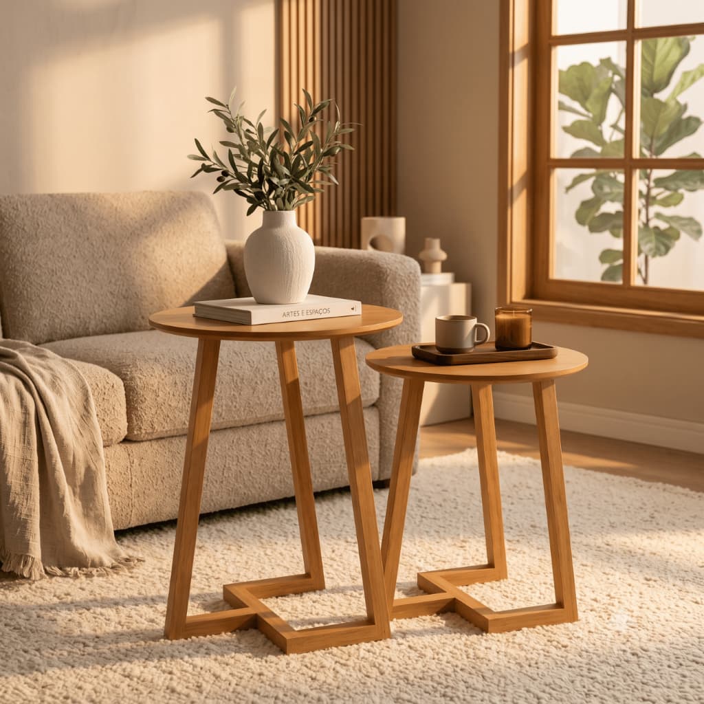 Kit Mesa Apoio Lateral Ideal Compacta 2 Mesas Redonda MDF Pés Madeira Sala Quarto Decoração