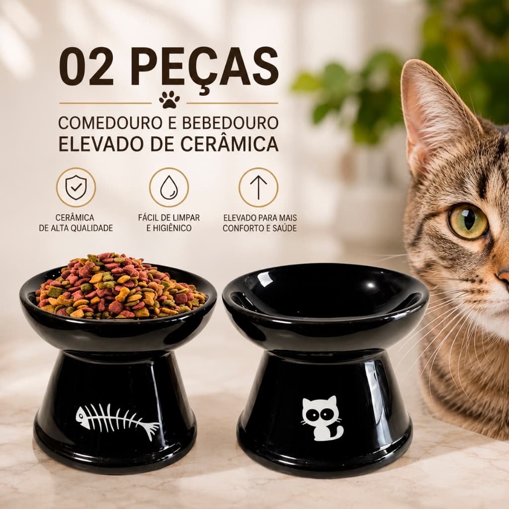 2 Tigelas para Gatos Kit Bebedouro Comedouro Pratico Cerâmica Luxo Elevado Ergonômico Pet Cachorros