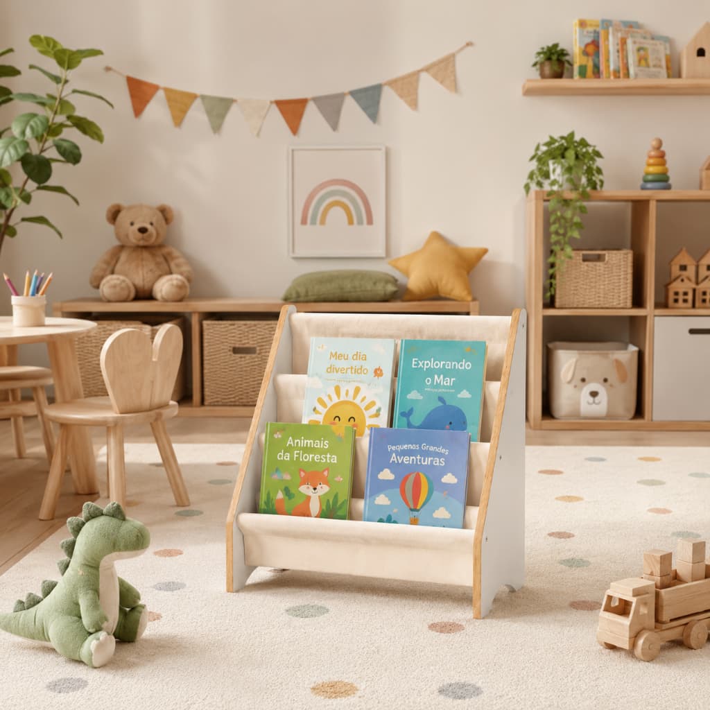Porta Livro Infantil Montessori MDF com Bolsos em Tecido Organizador de Livros para Quarto Bebê