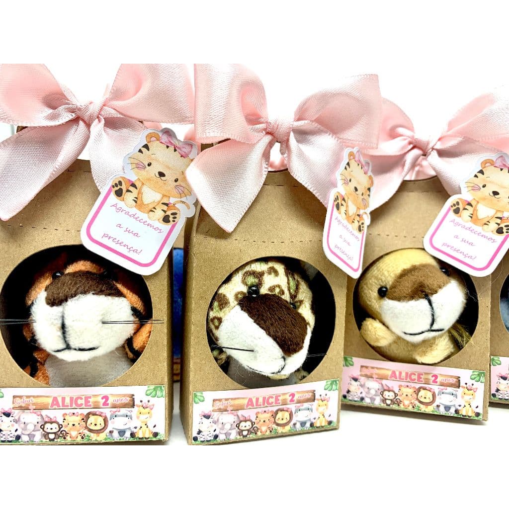 20 Lembrancinhas Personalizadas Safari Rosa Pelúcia 6 cm na Caixinha com Laço e Tag