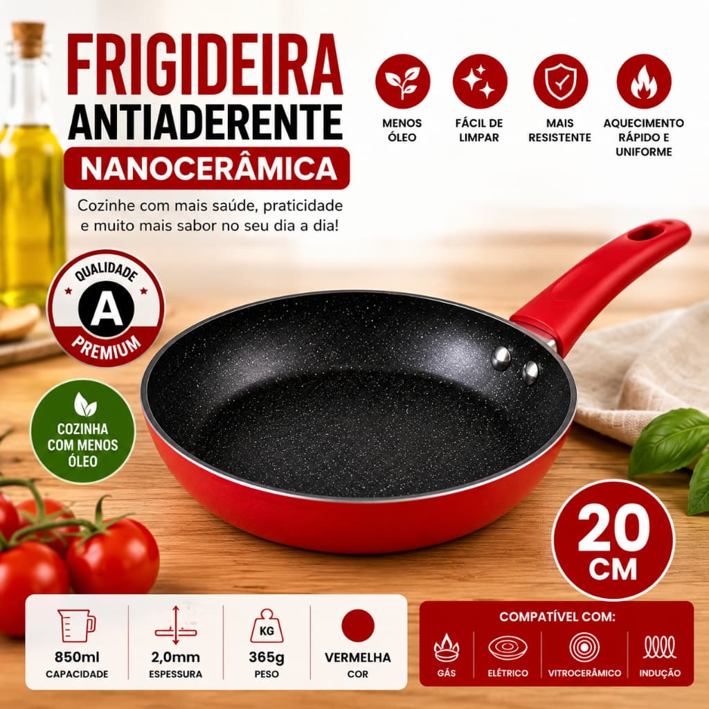 Frigideira Antiadherente Nanoceramica 20cm Vermelha Cozinha Pratica Duravel