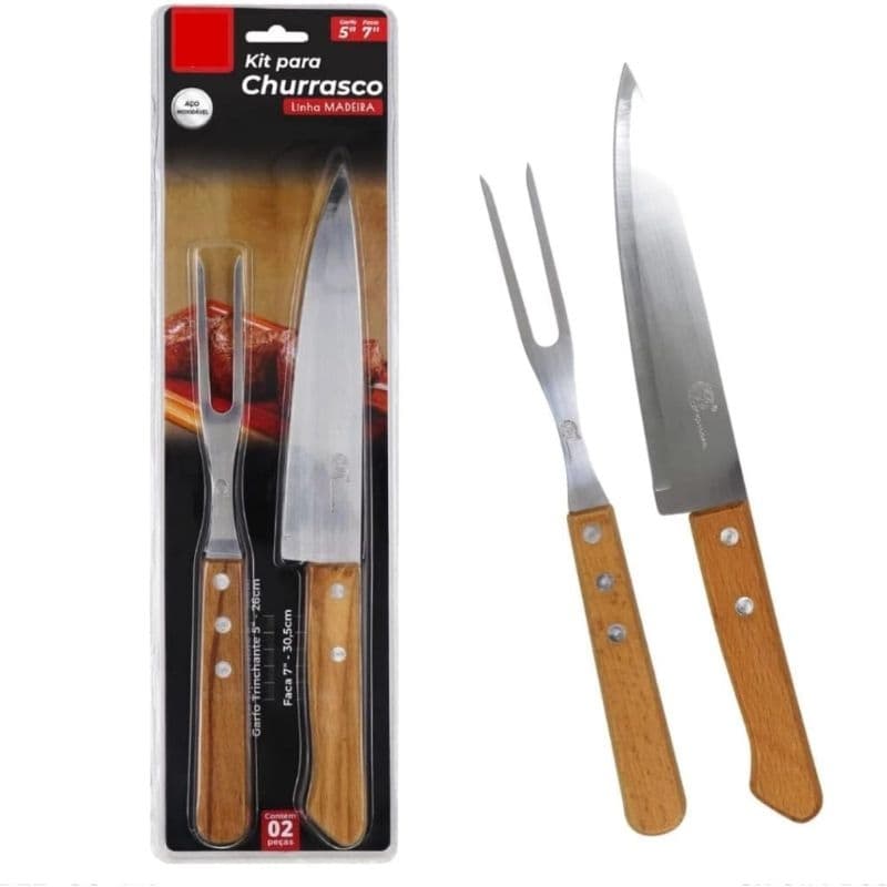 Kit Churrasco Cabo de Madeira Aço Inox 2 Peças Faca 7" e Garfo Trinchante 5"