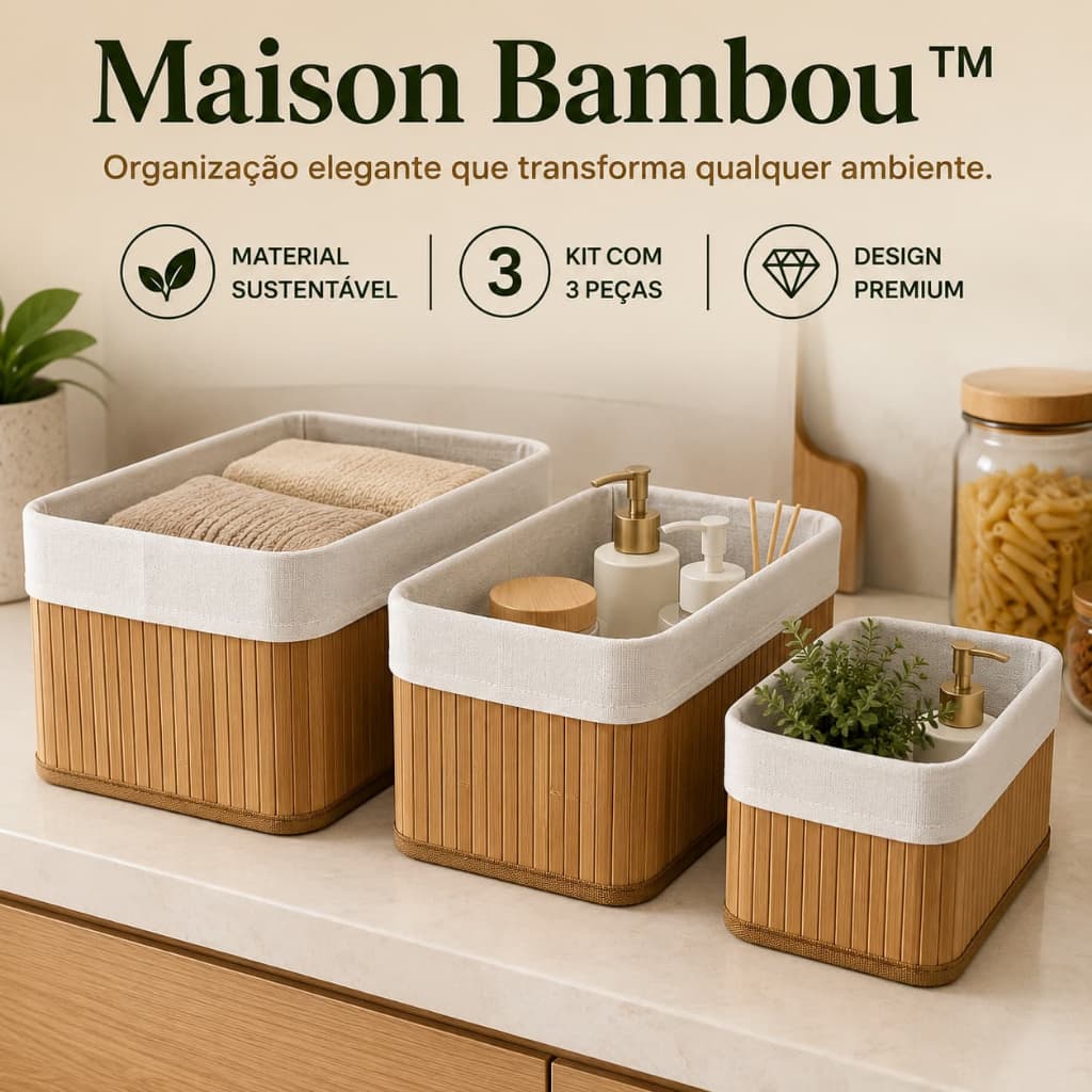 Kit 3 Cestos Organizadores de Bambu Multiuso Dobráveis com Forro em Tecido para Cozinha Banheiro Closet Lavanderia