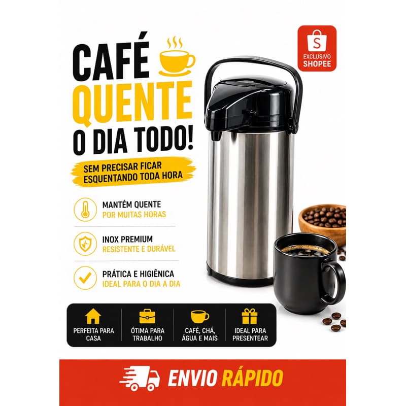Garrafa Térmica Inox 1,9L Quente por Horas Alta + Sistema de Bomba OU Conjunto 3 Copos 230ml