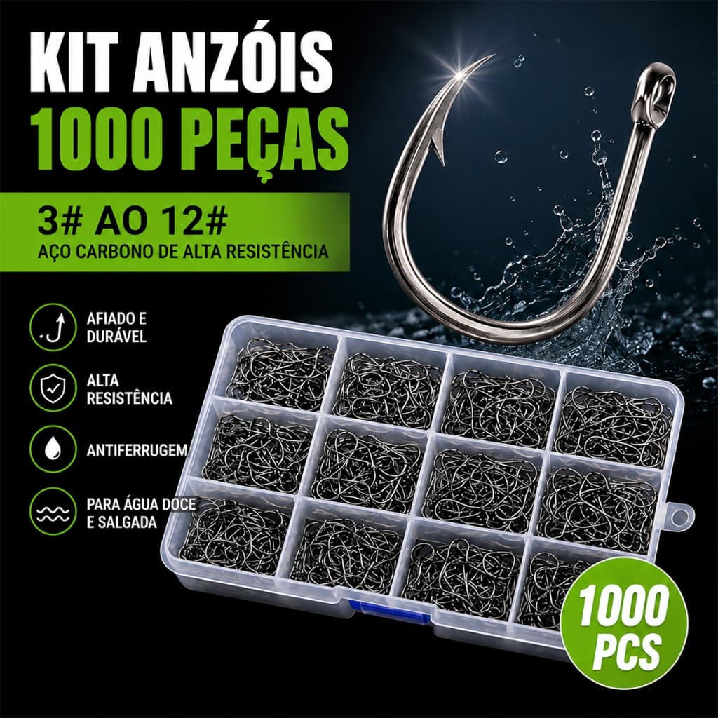1000pcs Caixa Com Alto Carbono Anzóis Mistas Tamanho Acessórios De Pesca de misto de aço nos Tamanhos 3 ao 12