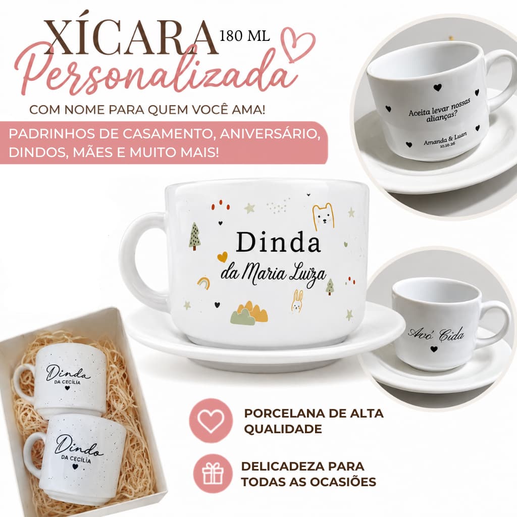 Kit Xícaras Personalizadas 180ml Com Pires  | Presente Padrinhos de Casamento, Madrinha, Dindos, Batizado Logo