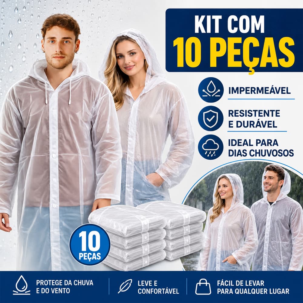 Kit 10 Capa de Chuva em PVC Grossa Longa com Capuz: Kit Transparente Reforçado, Impermeável e Reutilizável
