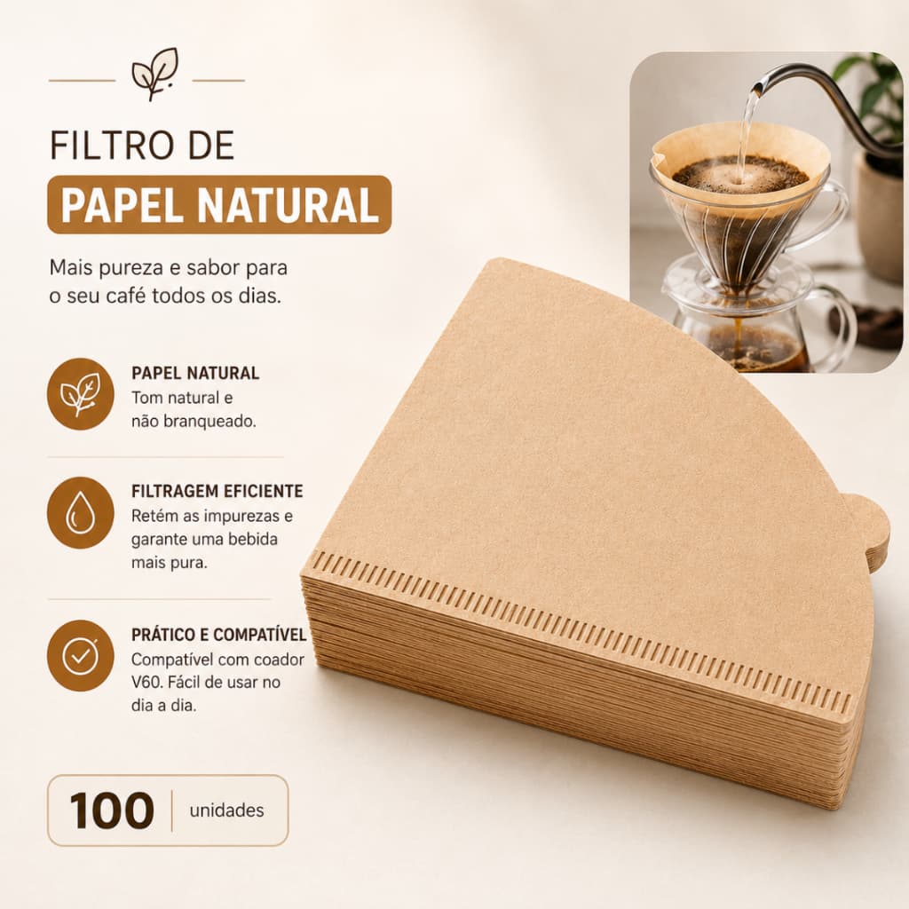 100 Filtro de Papel Natural Café Coado Kit V60 Cone para Coador Compatível com Hario