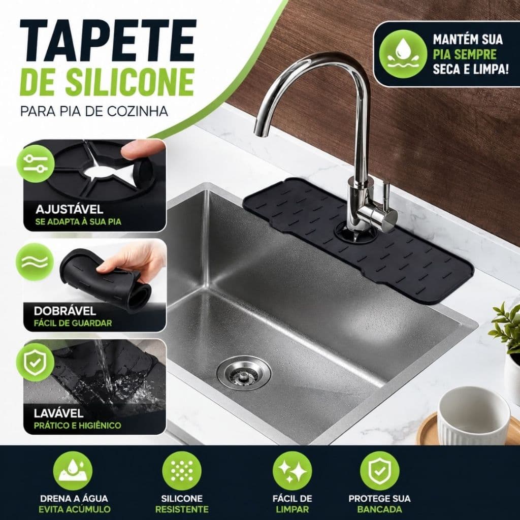 Tapete Escorredor de Pia Silicone para Torneira Cozinha Suporte Sabão Antiderrapante Duhome