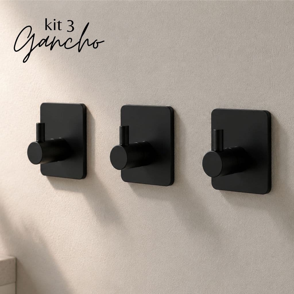 Kit Gancho Adesivo Preto 3 Peças Aço Inox Para Banheiro Cozinha