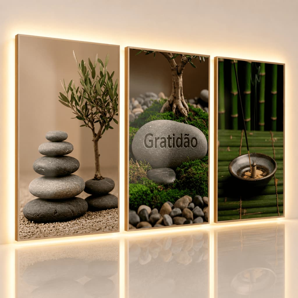 Kit 3 Quadros Decorativos Zen Spa Pedras Gratidão Bambu Feng Shui Sala Consultório