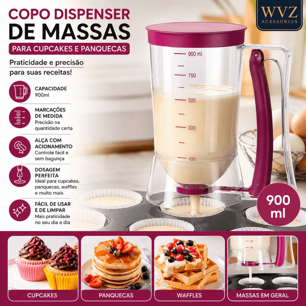 Dispenser Dosador de Massa 900ml Cupcake Panqueca Waffle Acrílico com Gatilho Prático 🍰🥞