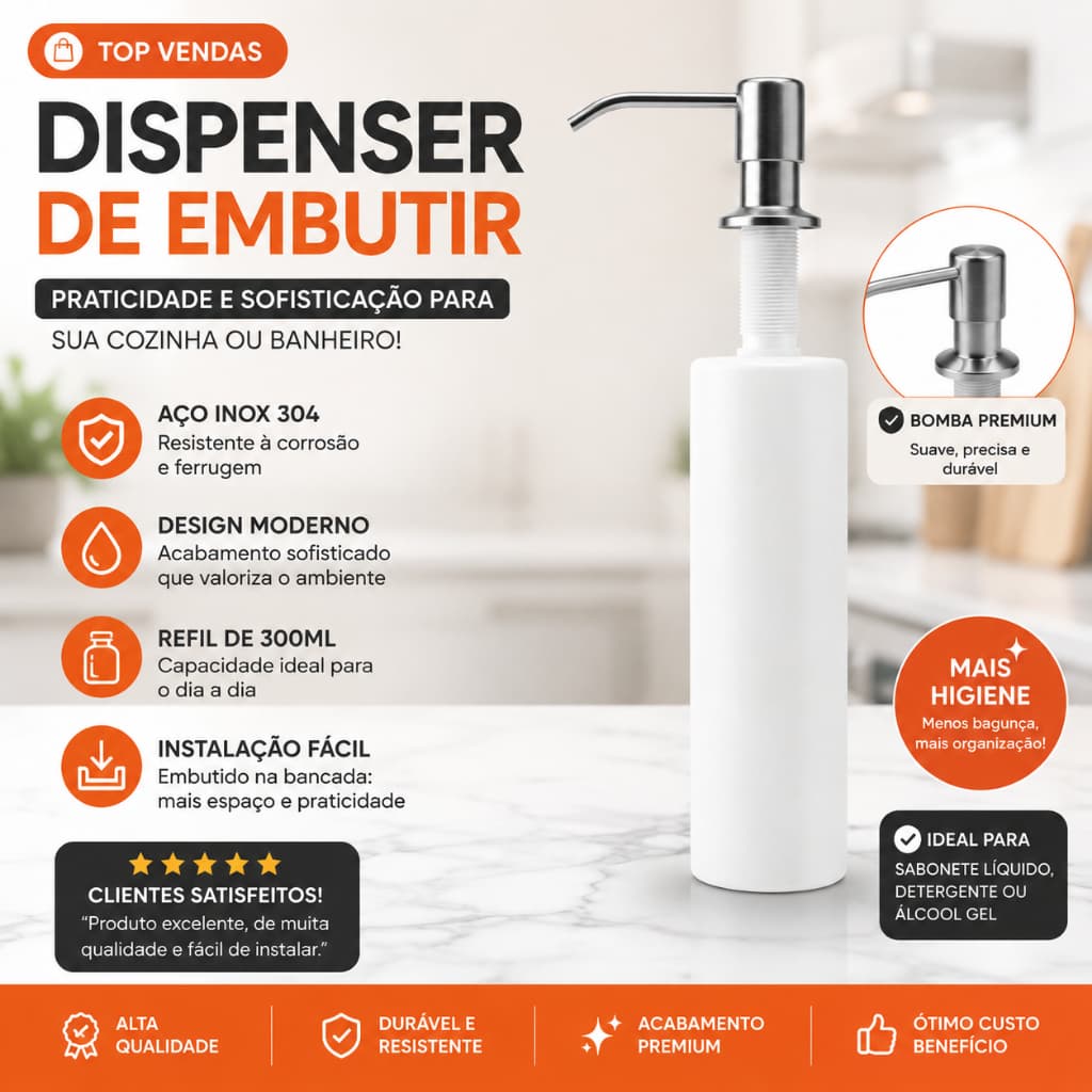 Dispenser Detergente Dosador Embutido Granito Cuba Pia Granito Porta Reservatório Refil Escovado