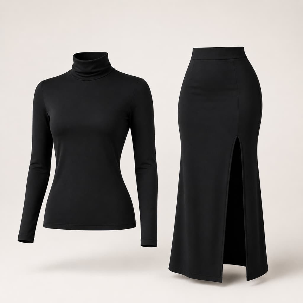Conjunto Feminino Blusa Longa Gola Alta Manga Longa + Saia Midi Com Fenda Lateral Tecido Macio E Confortável Para Outono