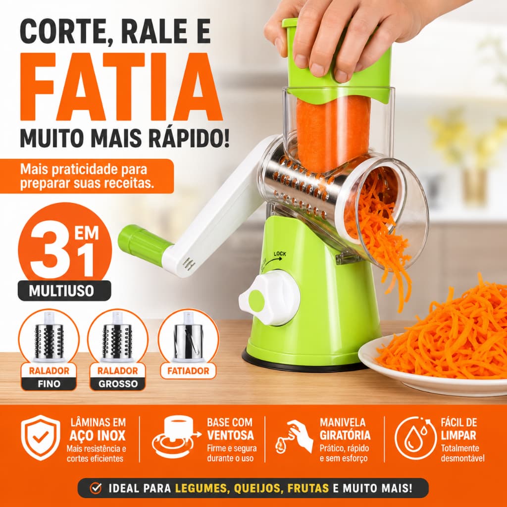 Ralador Fatiador Manual de Legumes 3 em 1 Giratório Inox com Ventosa Cortador Multiuso de Cozinha