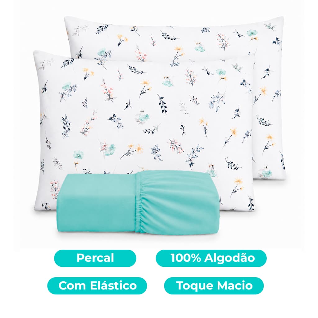Kit Jogo de Cama Lençol Fronha Estampada 100% Algodão Compouse Cama Casal Queen Solteiro