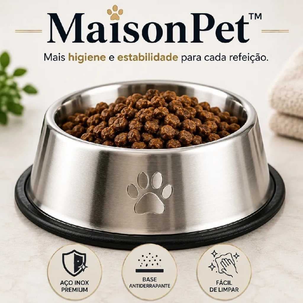 Comedouro Inox Antiderrapante para Cachorro e Gato 18cm Base Emborrachada Resistente Fácil de Limpar