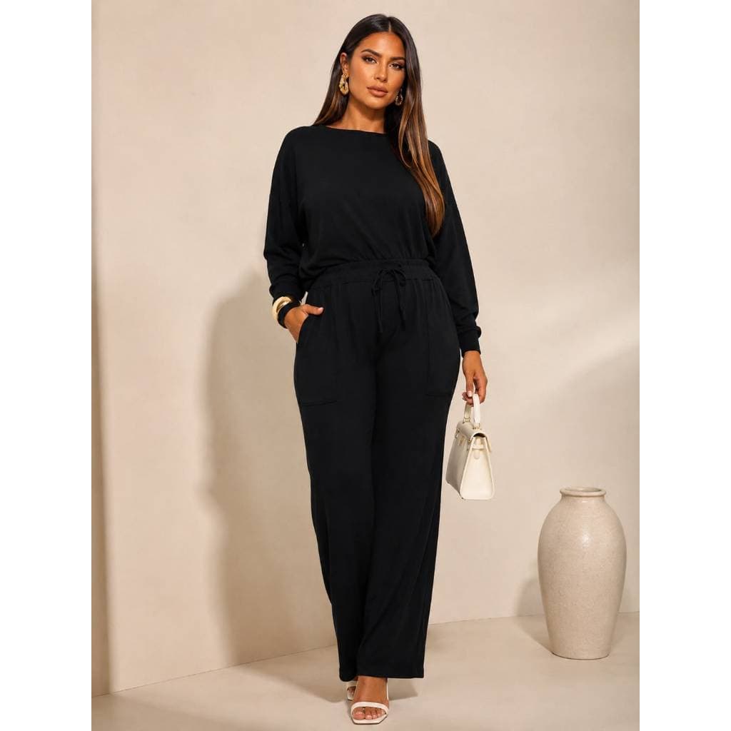 Conjunto Feminino Preto Blusa Manga Longa e Calça Pantalona com Bolsos e Amarração