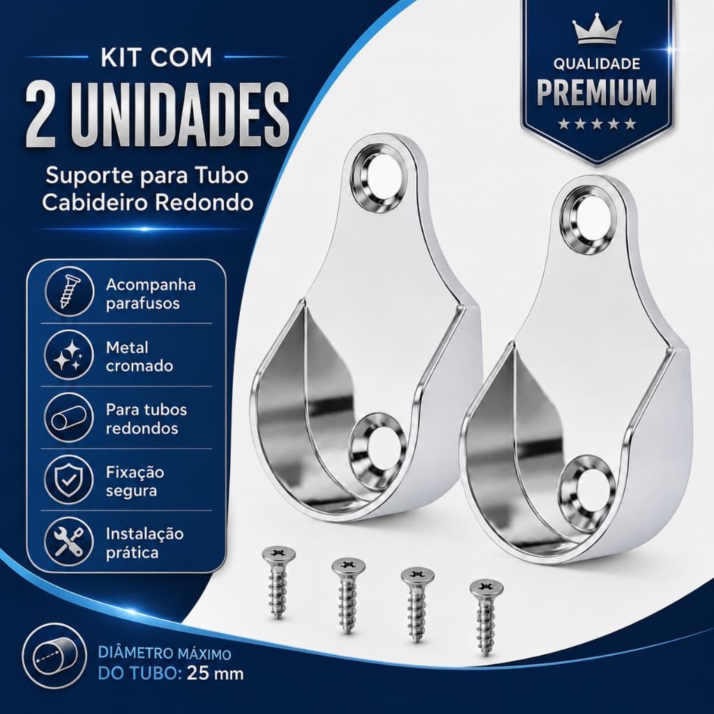 Suportes Cromados Cabideiro Redondo 2 Unidades com Parafusos