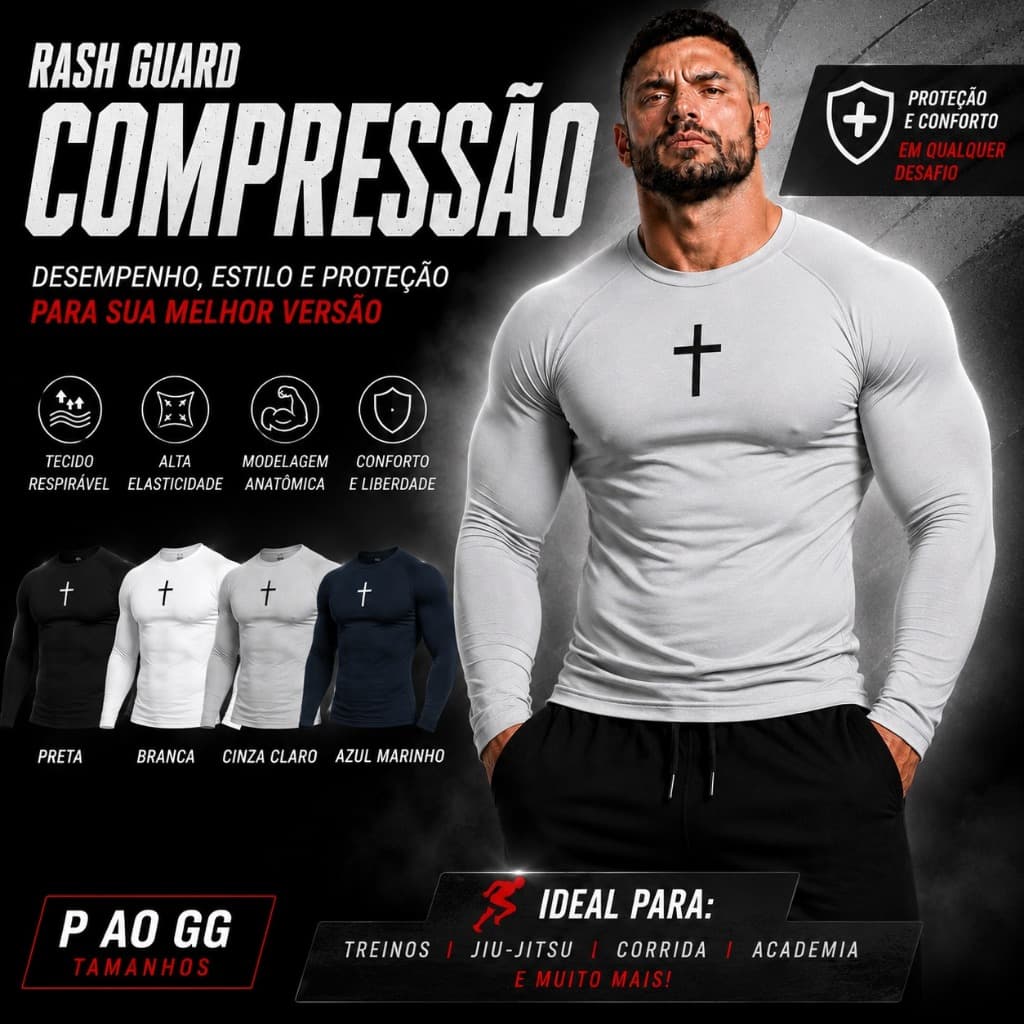 Camisa Compressão Manga Longa Masculina Rash Guard Cruz Academia Treino Fitness UV50