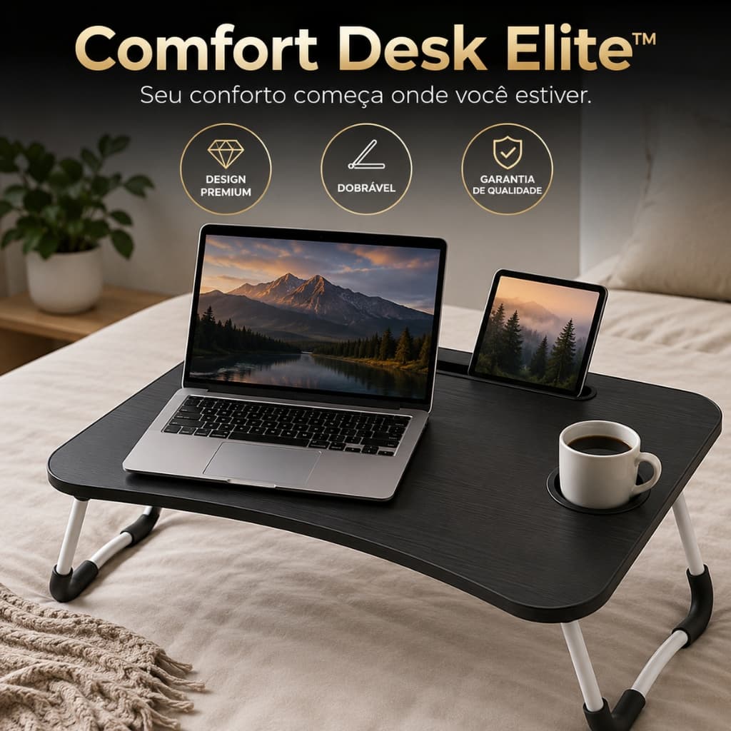 Mesa Portátil para Notebook Dobrável Home Office Cama Sofá com Porta Copo e Suporte para Tablet e Celular Preta