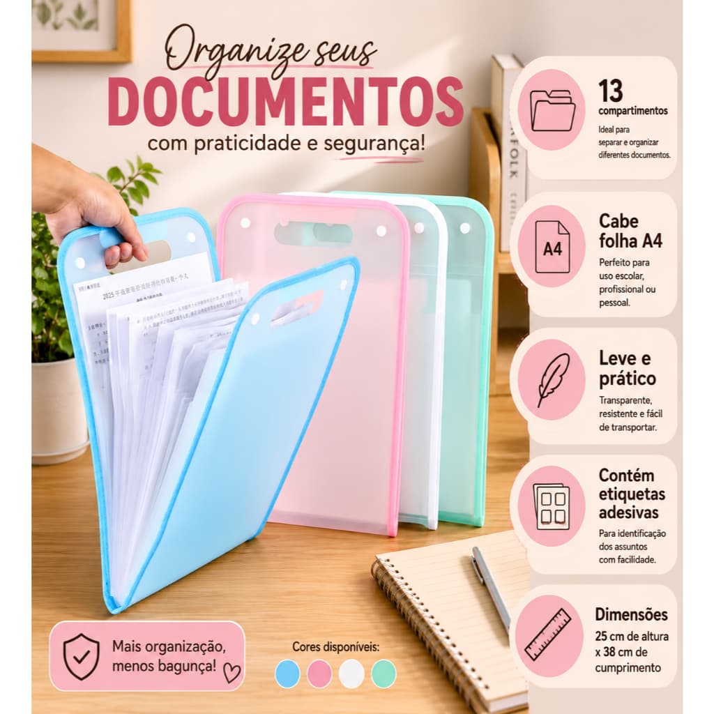 Pasta Sanfonada A4 Premium 13 Divisórias para Organização de Documentos e Papéis