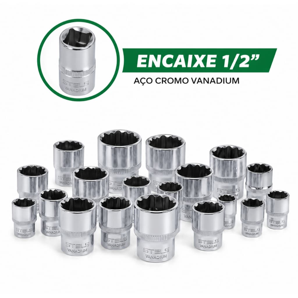 Soquete Estriado Curto Aço Cromo Vanadium Encaixe 1/2" Pol- Stels 08 ao 32MM