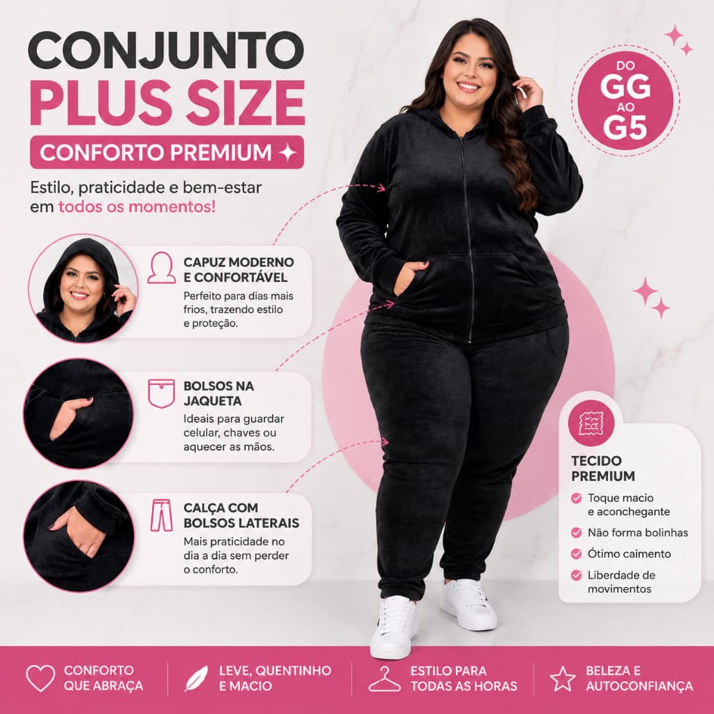 Conjunto Feminino Plus Size de Blusa e Calça de Veludo Felpudo Plush Tendência 2026 - do GG ao G5