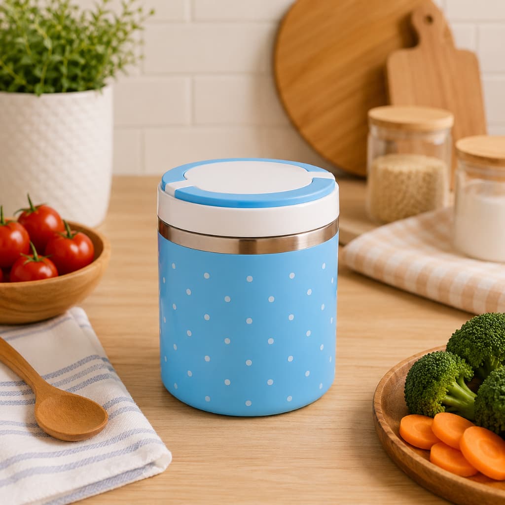 Marmita Térmica Azul Aço Inox 450ml com Alça Retrátil Parede Dupla e Vedação Segura Mantém o Alimento Aquecido Versátil