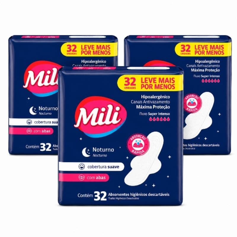 Kit 3 Absorvente Mili Noturno Suave Com Abas Máxima Proteção Com 32 Unidades - Total 96 Unidades