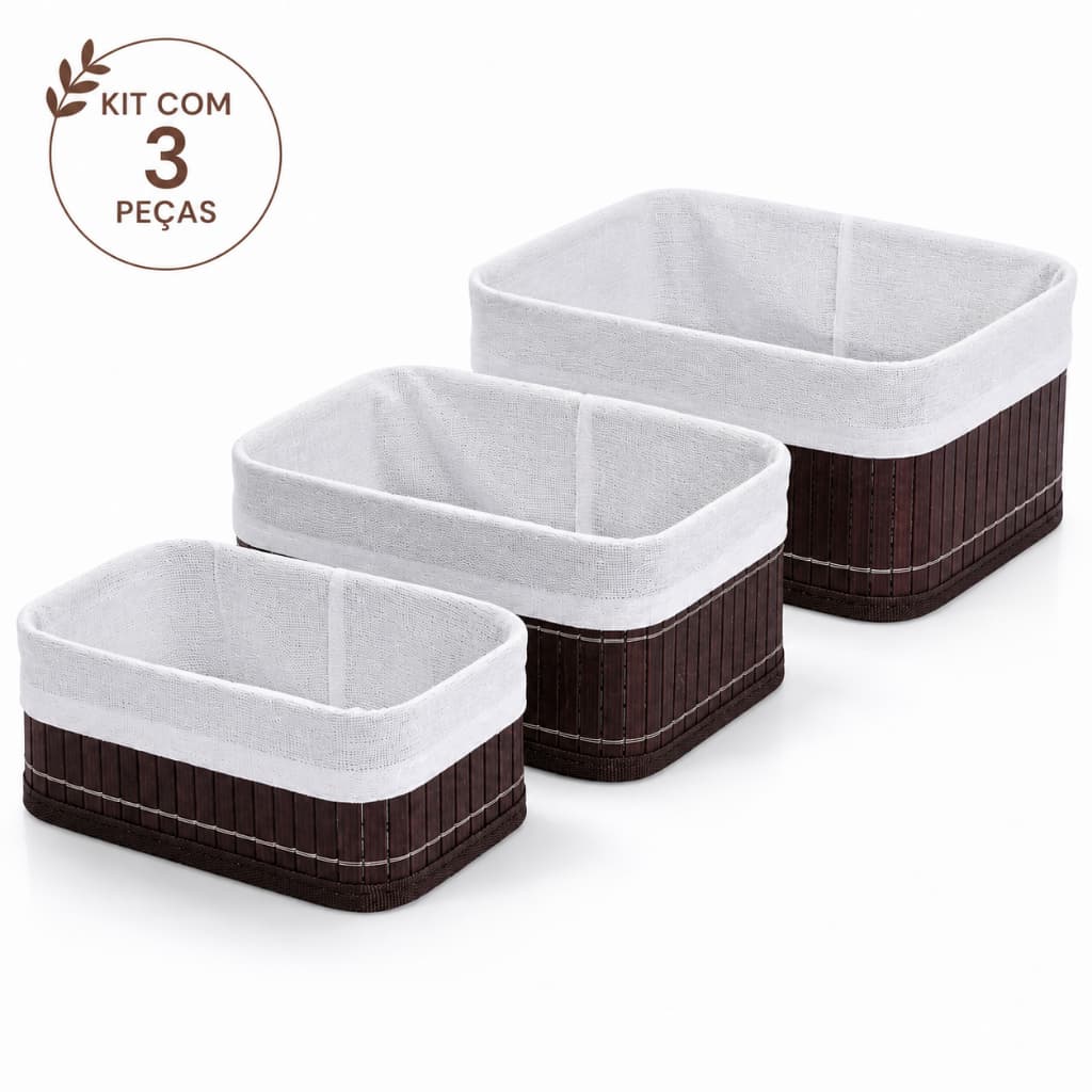 Kit 3 Cestos Organizadores Bambu Dark P M G | Banheiro Cozinha Quarto Closet Escritório