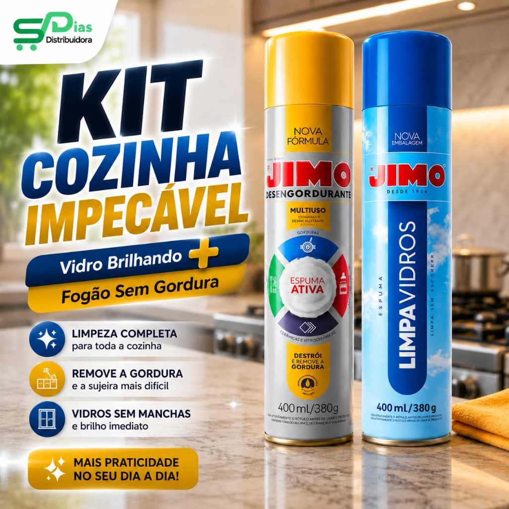 Kit Jimo Cozinha Impecável - Desengordurante Multiuso + Limpa Vidros - Espuma Ativa