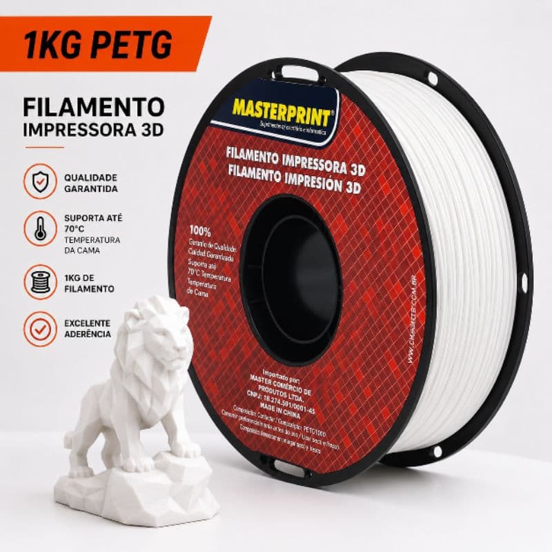 Filamento PETG Masterprint 1.75mm 1Kg Branco Alta Resistência para Impressora 3D Baixo Warping