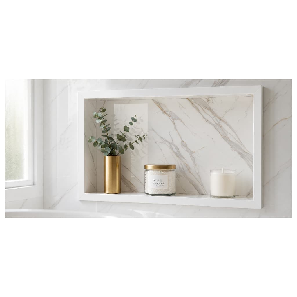 Nicho Prateleira para Banheiro Branco Marmorizado Porcelanato 60x30 Embutido Porta Shampoo Box