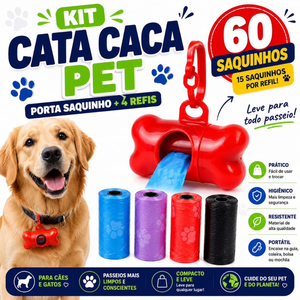 Kit Cata Caca Pet com Porta Saquinho + 4 Refis Saco Higiênico para Cachorro e Gato 60 Sacos
