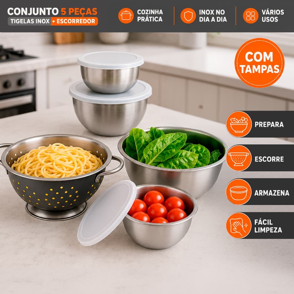Conjunto Tigelas Inox 5 Peças Com Escorredor E Tampas Para Preparar E Armazenar