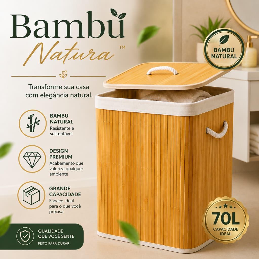 Cesto de Roupa Bambu Natural 70L com Tampa e Alças Organizador Dobrável Lavanderia Banheiro Quarto Bambù Natura™