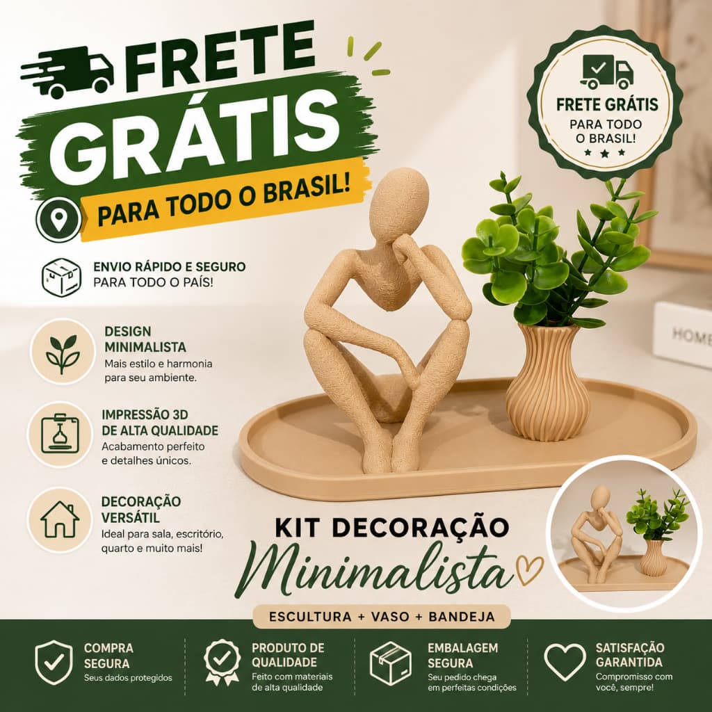 Kit Decoração Sala Moderna Minimalista Bandeja Decorativa Escultura Abstrata Vaso com Planta Artificial Luxo