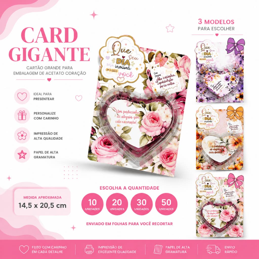 Card Gigante para Embalagem Acetato Coração G620 Kit 10/20/30 ou 50un Cartão Decorativo para Aniversário e Presentes