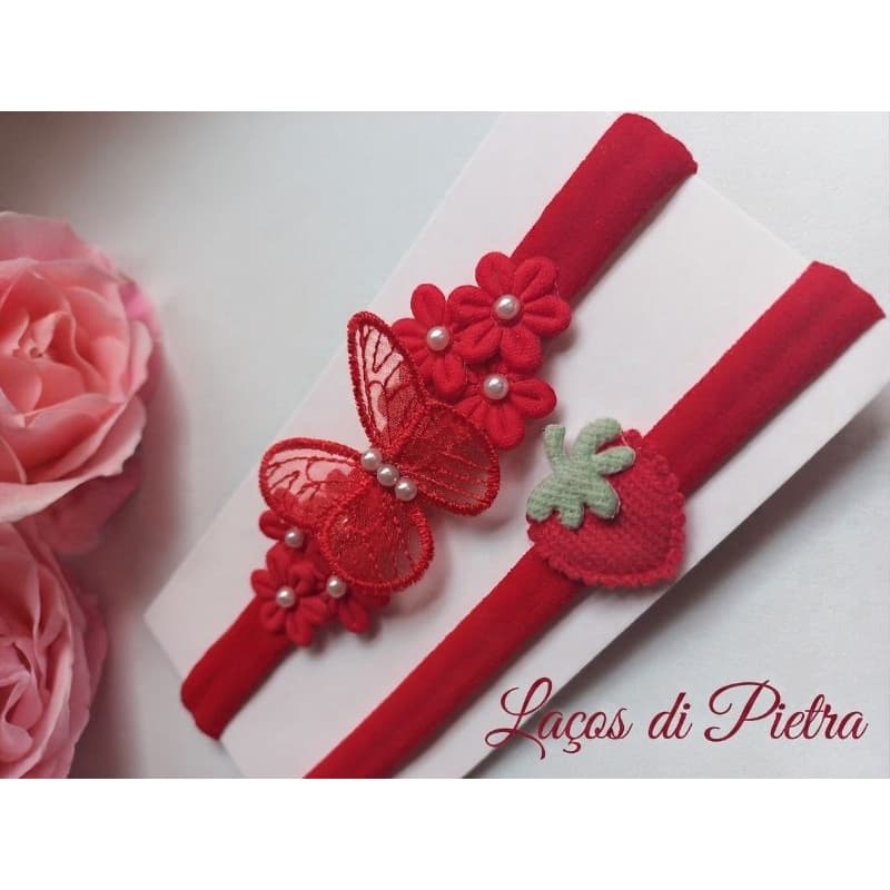 Kit maternidade/Faixa de Cabelo infantil Laço menina Jardim Encantado Vermelho/Morango Rn. Aplique de flores e borboleta