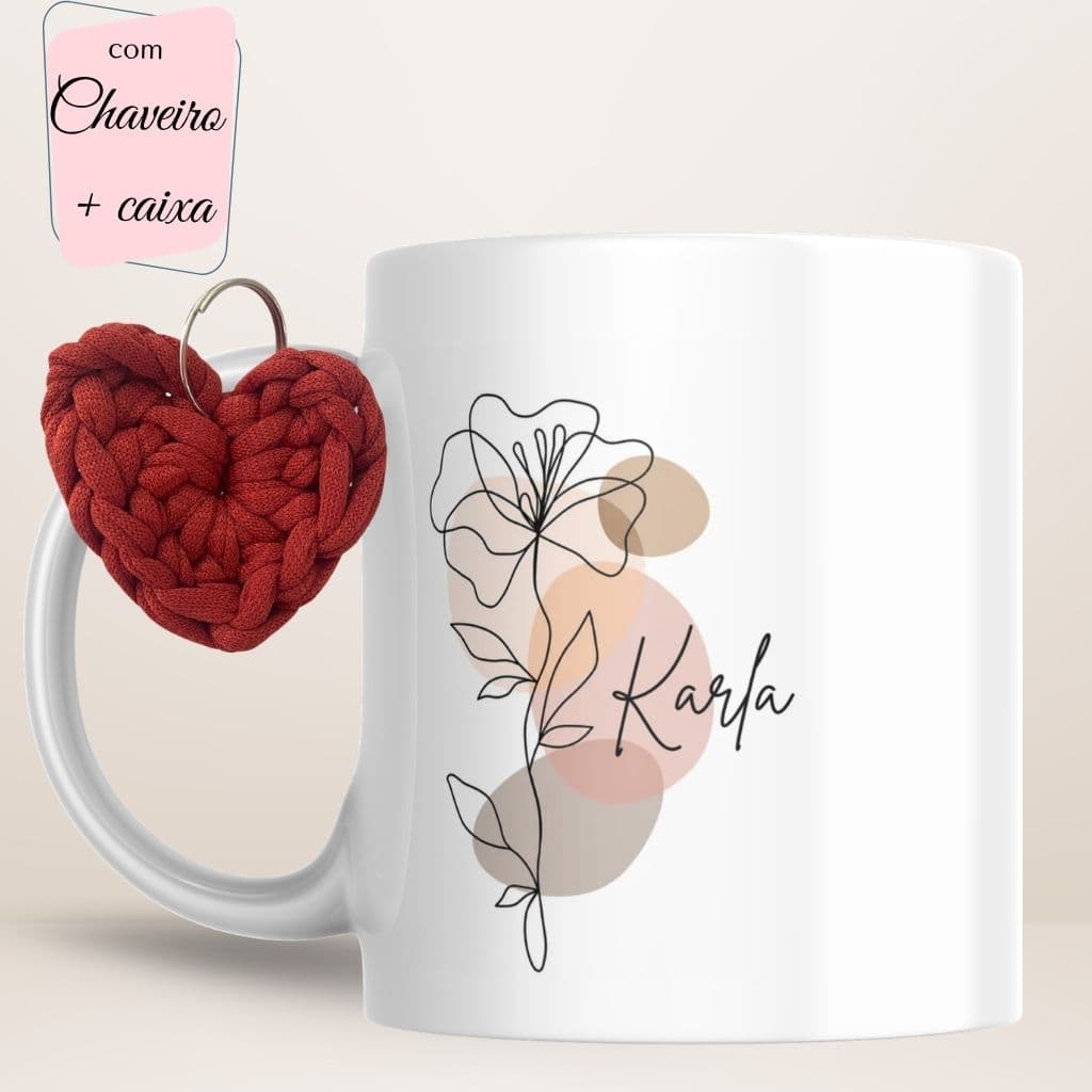 Kit Caneca Nome Personalizado + chaveiro coração fio de malha + caixa visor coração - Presente Especial