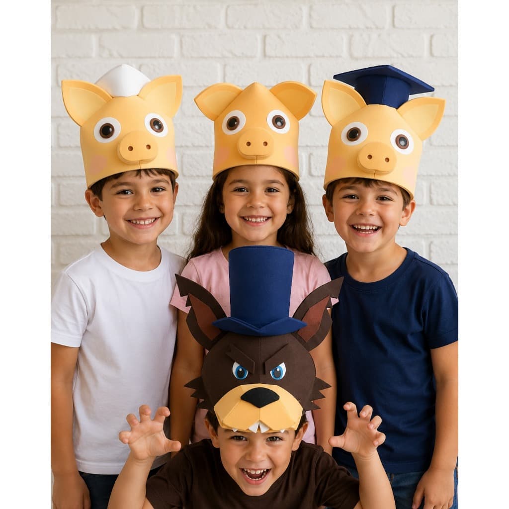 Chapéu Máscara Três Porquinhos e Lobo Mau Teatro Infantil Fantasia Espuma Festa Escolar Ajustavel adultoe infantil