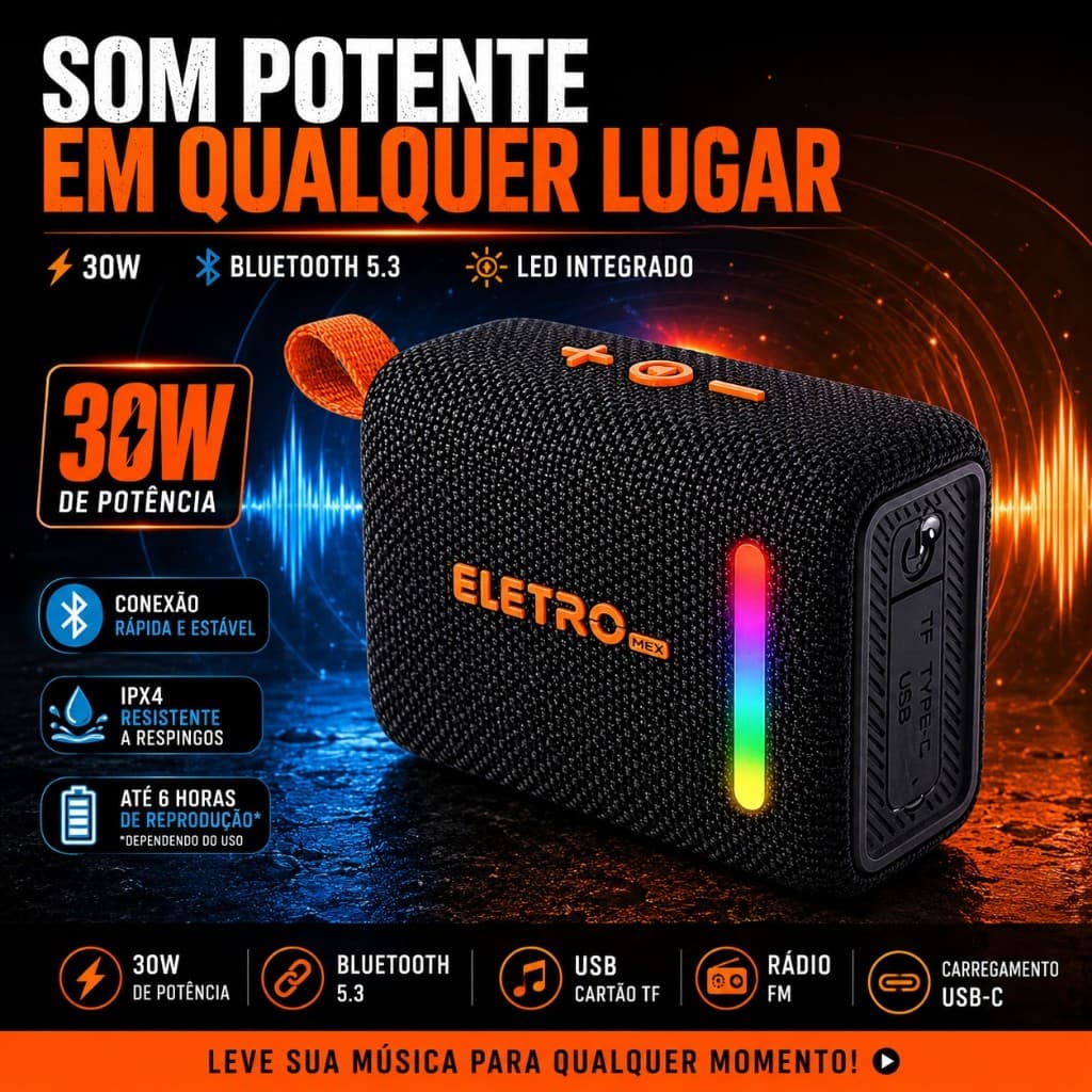 Caixa de Som Bluetooth Portátil 30W IPX4 com LED Bluetooth 5.3 Rádio FM USB TF Recarregável EL-1104