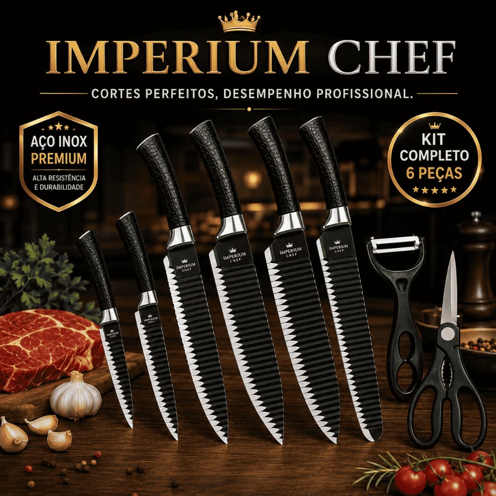 Jogo de Facas Chef Profissional 6 Peças Aço Inox Premium com Descascador e Tesoura Imperium Chef