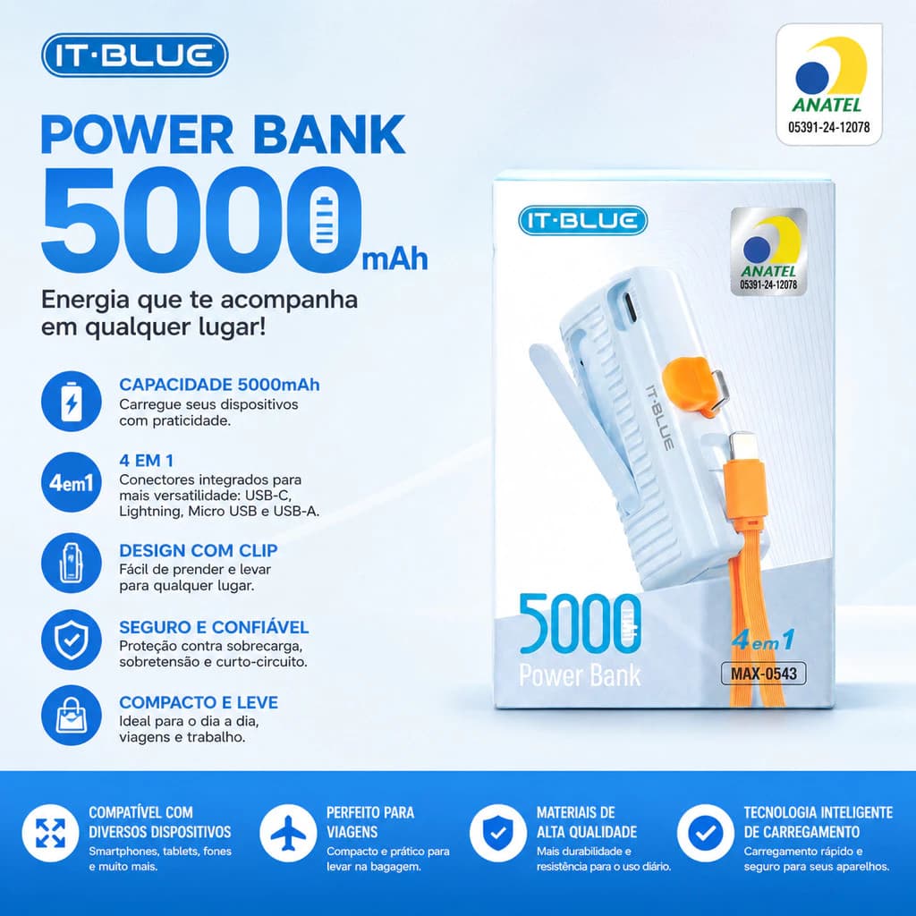 Mini Carregador Portátil - Power Bank 5000mah IT BLUE MAX 0543