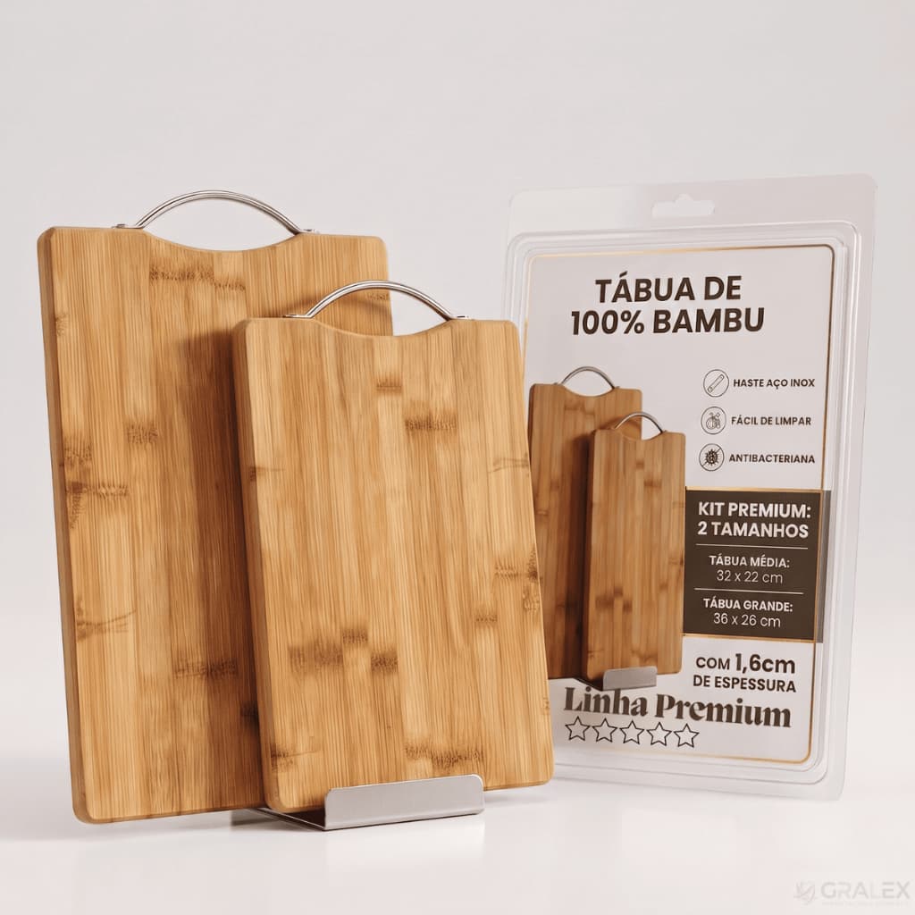 Tabua de Corte em Bambu com Alça Inox em 2 Tamanhos ou Kit Prática, Resistente e Perfeita para Cozinha