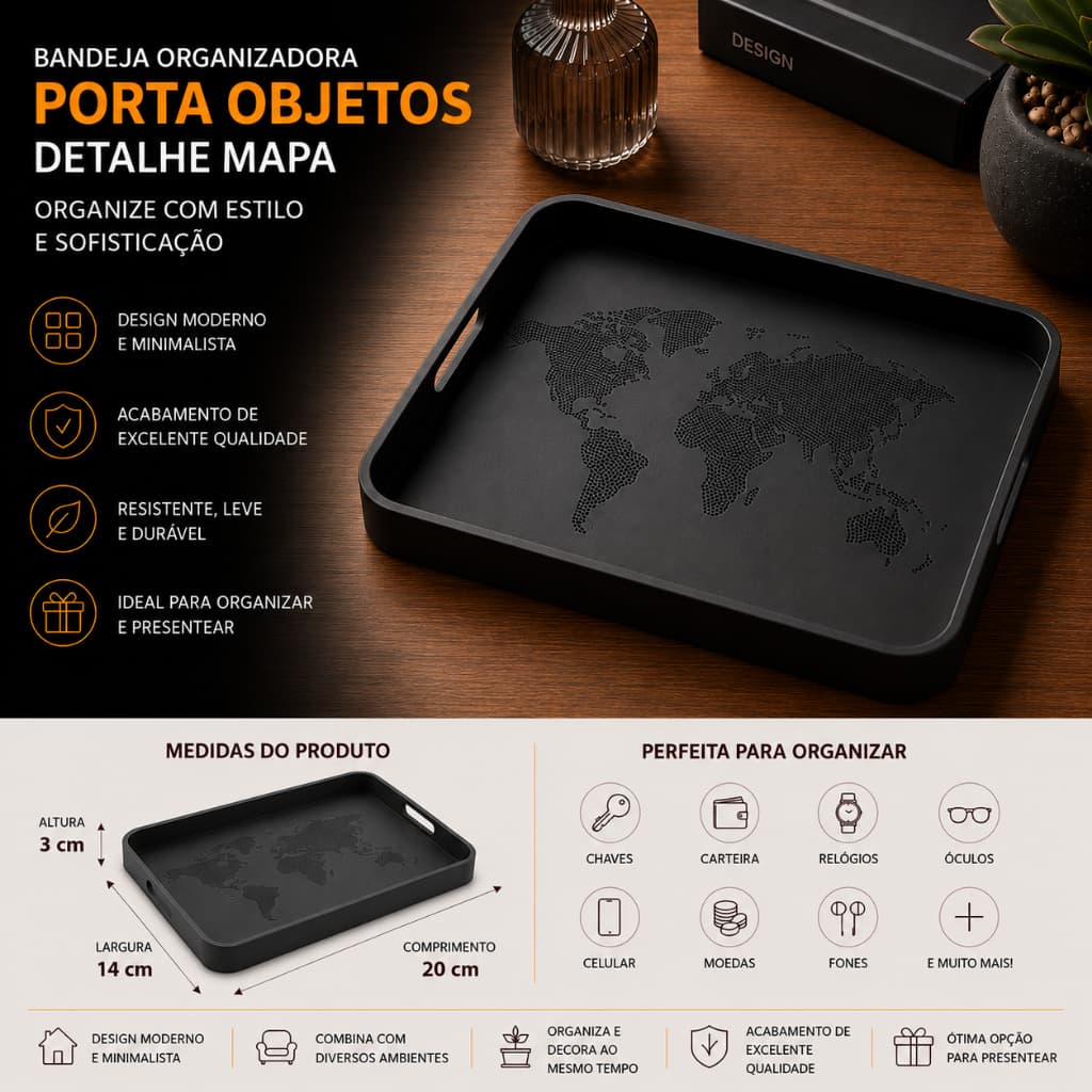 Bandeja Organizadora Mapa Múndi Porta Objetos Decorativa Mesa Sala Quarto Escritório Design Moderno