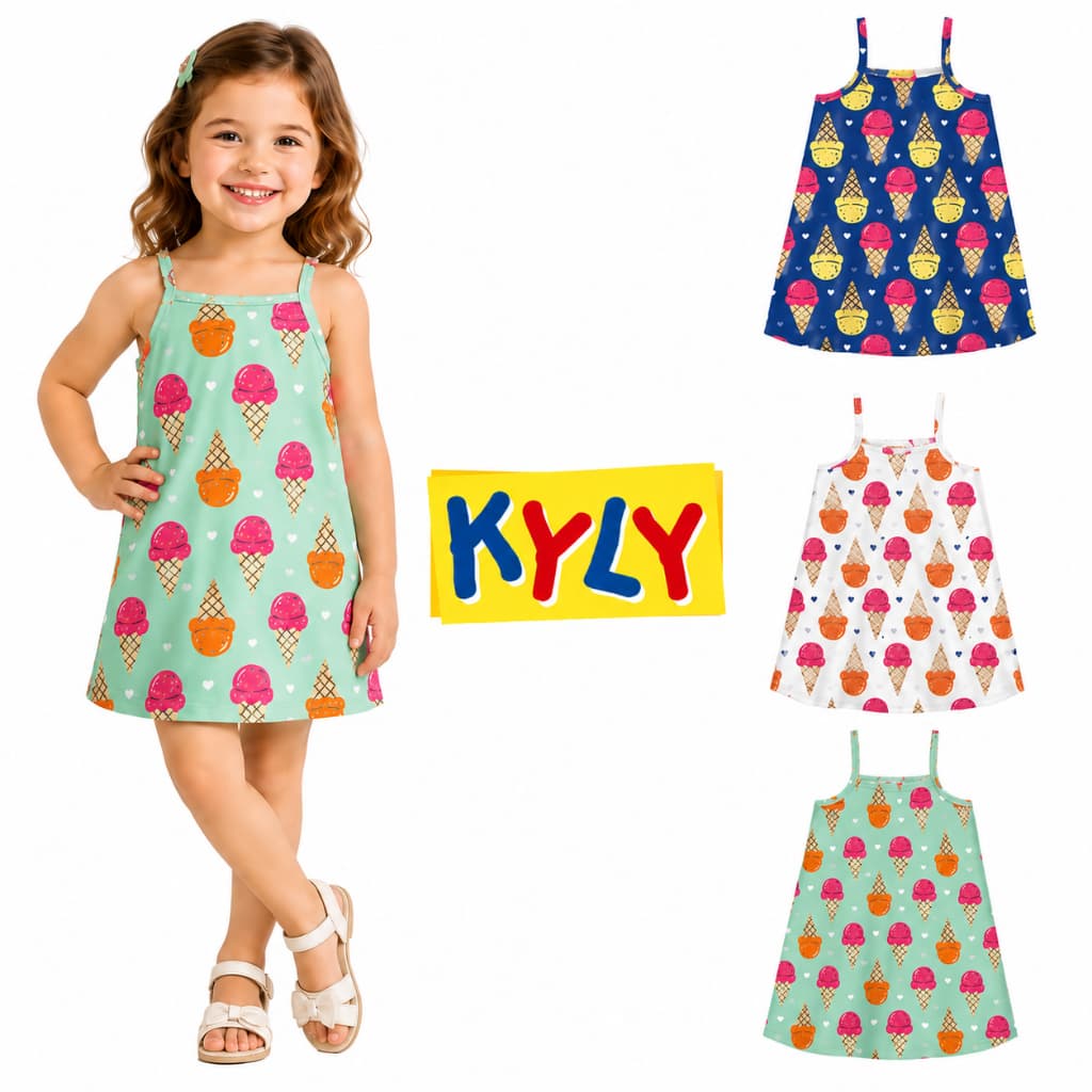 Vestido Infantil Kyly Menina Verão Estampado Leve Alças Finas Algodão Calor Macio Moda Kids 1001771